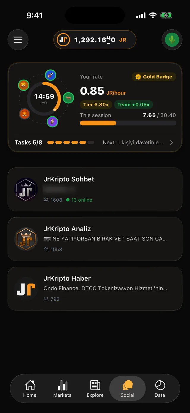 JrKripto Social tab: the mining rate, tier and team members