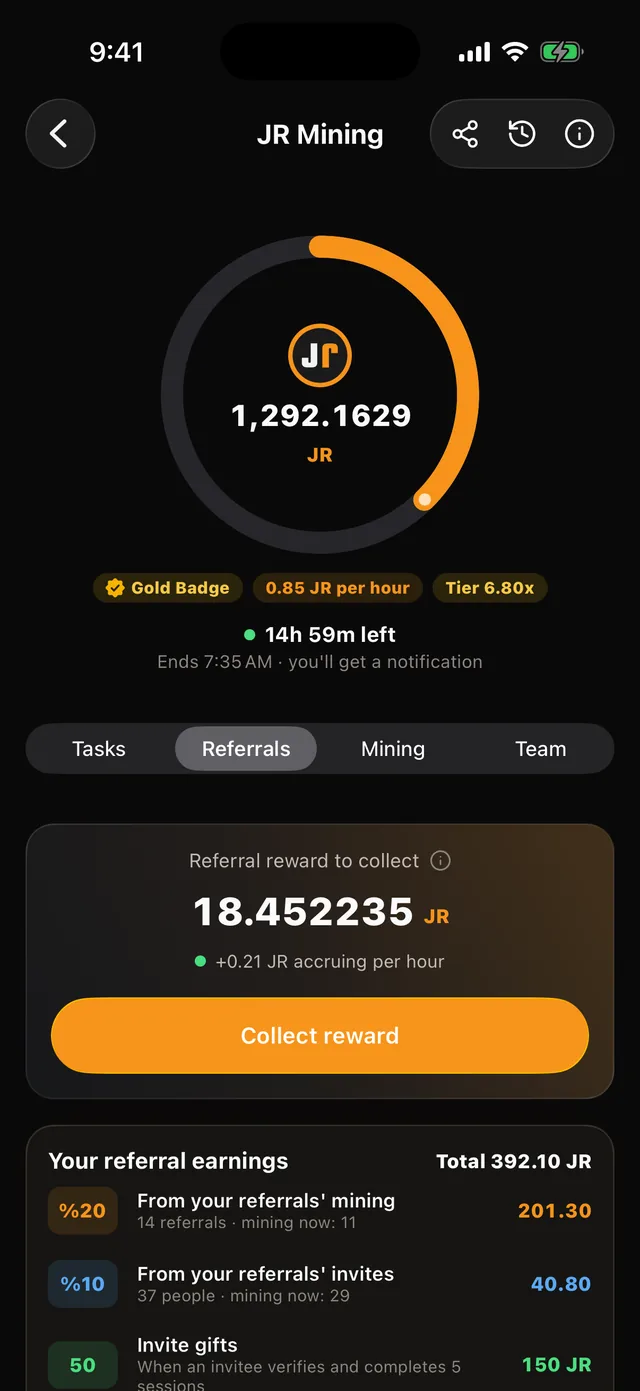 JR Mining Referrals tab: the invite code, the reward pool and the people invited
