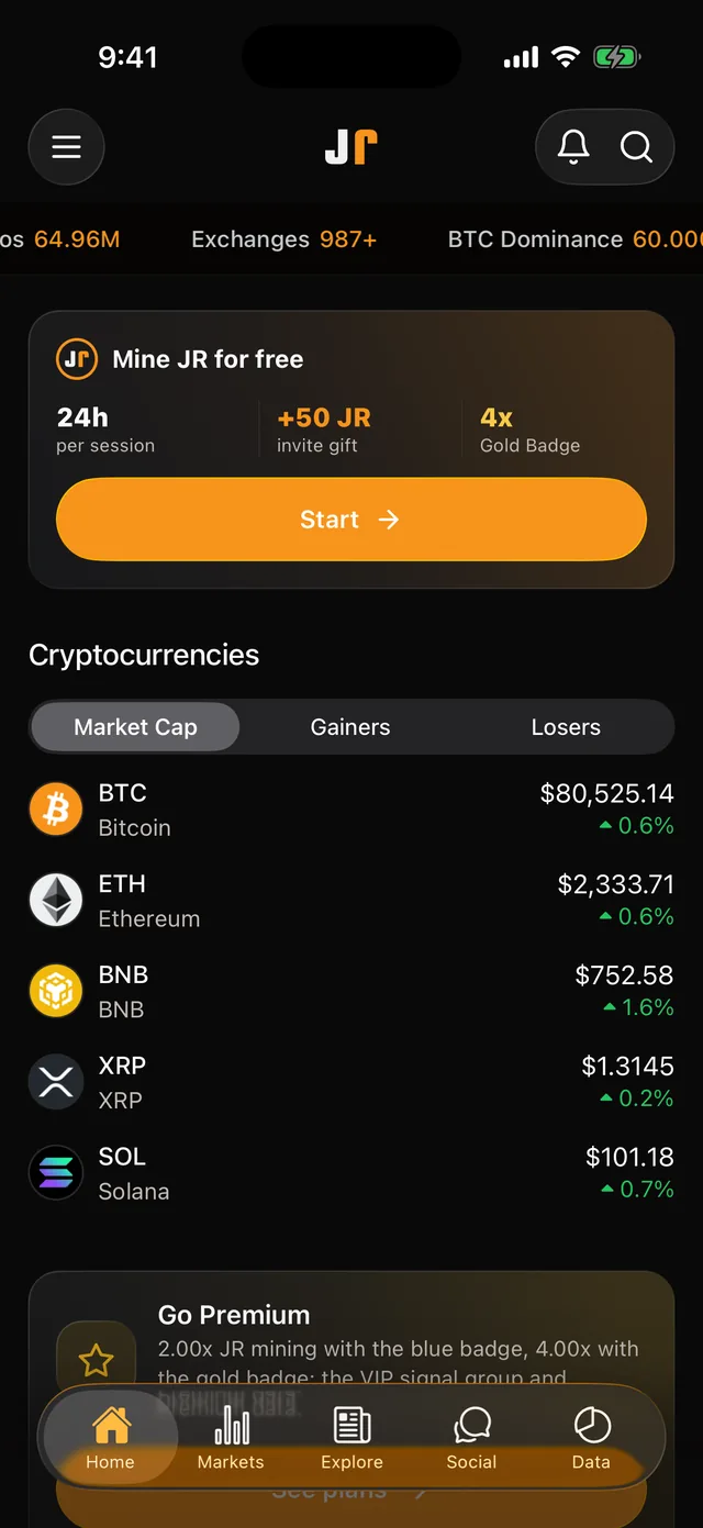 JrKripto home: the Mine JR for free card and the Start button