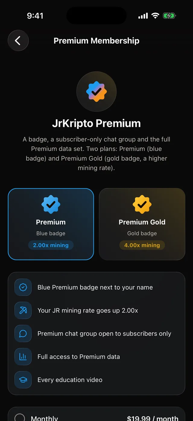 The Premium Membership screen in the JrKripto app